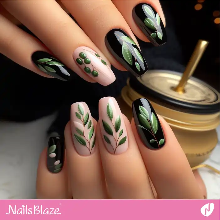 Black and Pink Olive Leaf Nails | Nature-inspired Nails - NB1598